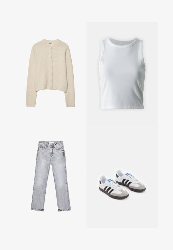 Lys beige cardigan lavet af blødt stof, med rund halsudskæring, lange ærmer og en frontknaplukning med syv knapper.; Hvid ribbet tanktop med rund halsudskæring og ærmeløs design, med en lige kant og en glat, strækbar tekstur.; Grå denim jeans med lige ben, distressed detaljer, fem lommer og kobbernitter. Taljebåndet har et logomærke.; Sportsko med en overdel i hvid læder, grå ruskind på tåen og tre sorte striber. Har et blåt logo på tungen og en struktureret gummisål.