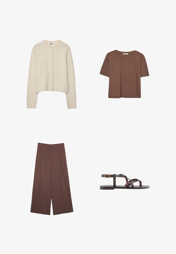 Hellbeige Strickjacke aus weichem Material mit rundem Ausschnitt, langen Ärmeln und einer Vorderseite mit sieben Knöpfen.; Braunes, kurzärmliges T-Shirt aus weichem Material mit rundem Halsausschnitt und lockerer Passform. Keine sichtbaren Muster oder Akzente.; Braune Weite-Leg-Hosen mit einer glatten Textur, hoher Taille und Vorderfalten. Der Stoff ist leicht und fällt locker.; Braune Leder-Sandale mit überkreuzten Riemen, einem Knöchelriemen mit Schnalle und einer flachen Sohle mit minimalen Nähdetails.