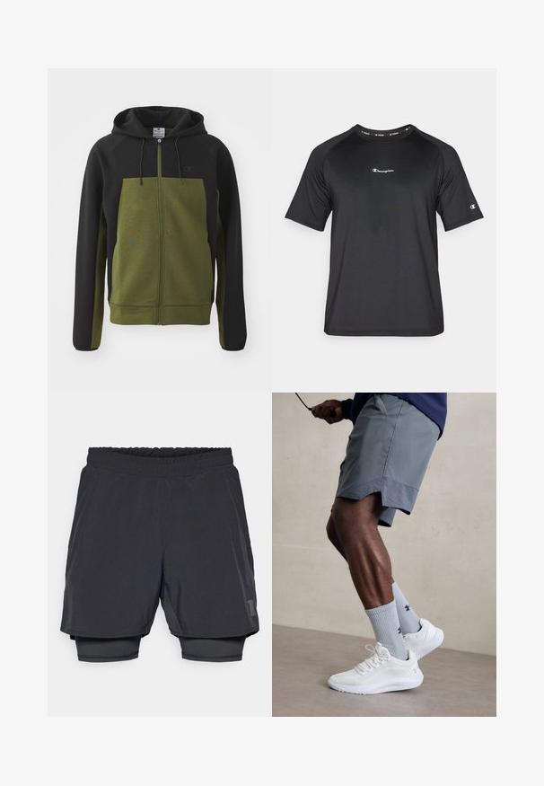 Sweat à capuche zippé avec une partie supérieure noire et une partie inférieure vert olive, doté d'une poche kangourou et de cordons de serrage sur la capuche.; Champion TRAINING CREWNECK - T-shirt de sport - black; Shorts de sport noirs avec une taille élastique, design superposé et doublure intérieure ajustée. Présente un logo discret sur le côté inférieur.; Baskets de sport blanches avec une tige en mesh texturé, associées à des chaussettes bleues claires à côtes avec un logo. Shorts de sport gris avec des bordures perforées.