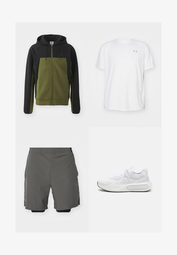 Reißverschluss-Hoodie mit einem schwarzen oberen Abschnitt und einem olivgrünen unteren Abschnitt, ausgestattet mit einer Kängurutasche und Kordelzügen an der Kapuze.; Weißes kurzärmeliges Sportshirt aus glattem Material. Mit Rundhalsausschnitt und grauem Logo auf der linken Brust, sowie seitlichen Schlitzen am Saum.; Graue Sportshorts aus glattem, leichtem Stoff mit einem elastischen Bund, ausgestattet mit inneren Kompressionsshorts und Seitentaschen.; Weißer Sportschuh mit einem strukturierten Strick-Obermaterial, Schnürverschluss, gepolsterter Sohle und einem markanten Branding-Detail an der Seite.