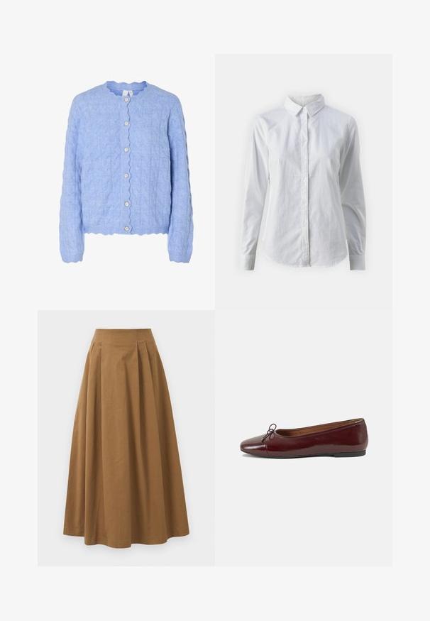 Svetle modrý pletený kardigan s vlnitým výstřihem, zdobený kabelovým vzorem a pěti perlami podobnými knoflíky vpředu.; Bílá košile na knoflíky vyrobená z hladké bavlny, s klasickým límcem, dlouhými rukávy a zakřiveným spodním lemem. Knoflíky jsou malé a bílé.; Hnědá bavlněná sukně ve stylu A s vysokým pasem, se sklady na přední straně a hladkou texturou. Lemování je čisté a jednoduché.; Burgundské lakové baleríny s kulatou špičkou, malou mašlí vpředu a nízkou černou gumovou podrážkou. Hladký povrch.
