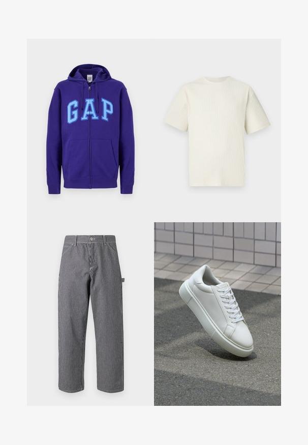 Sweatshirt roxa com fecho éclair, bolsos à frente e letras "GAP" em azul claro ao longo do peito, com capuz ajustável por cordão.; T-shirt de malha riscada em bege claro com mangas curtas e decote redondo, exibido contra um fundo branco simples.; Calças às riscas feitas de um tecido em mistura de algodão, apresentando riscas verticais pretas e brancas, um fecho com botão e design de bolsos laterais.; Tênis de couro branco com superfície lisa, bico redondo e cadarços brancos planos. Apresenta uma sola de borracha texturizada e elementos de design minimalistas.