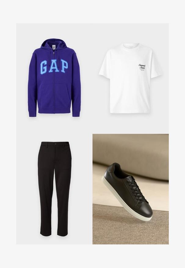 Fialová mikina na zip s předními kapsami a světle modrým nápisem "GAP" na hrudi, s nastavitelnou kapucí se šňůrkou.; Bílý bavlněný tričko s kulatým výstřihem, krátkými rukávy a černým potiskem loga na levé hrudi, s vintage písmem.; Černé kalhoty vyrobené z lehkého materiálu, s rovnými nohavicemi, zapínáním na knoflík vpředu, poutky na opasek a bočními kapsami.; Černé kožené tenisky s bílou gumovou podrážkou a černými tkaničkami, umístěné na béžovém textilním povrchu a pozadí.