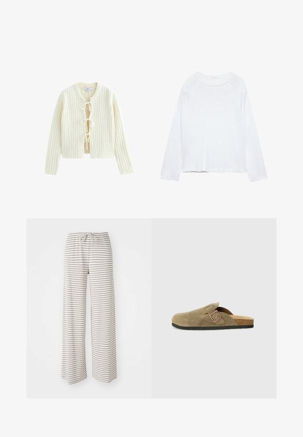 Ivory ribbed knit cardigan with long sleeves, round neckline, and three front ties. Soft texture with a cropped fit.; White long-sleeve top with a round neckline, made of lightweight fabric. Features raglan sleeves and a relaxed fit. Smooth texture, no patterns.; Wide-leg pants in lightweight fabric, featuring horizontal stripes in beige and white. Elastic waistband with drawstring closure.; Suede clog-style slipper in olive green with a narrow strap and metal buckle detail. Features a cork footbed and black rubber sole.