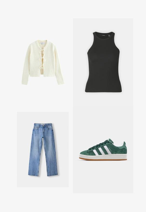 Elfenben ribbet strikket cardigan med lange ærmer, rund halsudskæring og tre frontknapper. Blød tekstur med en cropped pasform.; Sort ribbet tanktop med høj halsudskæring og ærmeløs design. Har en tætsiddende silhuet og blød tekstur.; Lysblå denim jeans med lige ben design, der har fem lommer, en frontknaplukning og subtil falmning for tekstur.; Grønne ruskinds sneakers med hvide læderstriber, gummisål, polstret krave og minimalistisk design. Har branding på siden.