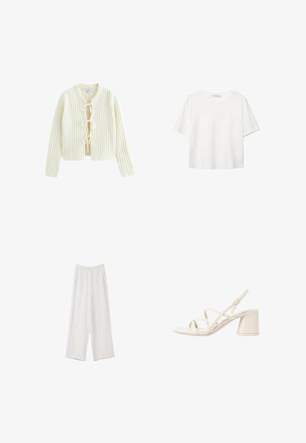 Elfenben ribbat stickad cardigan med långa ärmar, rund halsringning och tre framslutningar. Mjuk textur med en cropped passform.; Vit t-shirt med kort ärm i bomull. Har en rundad halsringning och en avslappnad passform. Slät textur utan synliga mönster eller detaljer.; Vita vida byxor i vid passform gjorda av ett lättviktsmaterial. Har en elastisk midja med dragsko och sidofickor. Slät textur.; Beiga klacksandaler med smala, korslagda remmar, öppen tå och en fyrkantig klack. Slät lackfinish, justerbar vristrem.