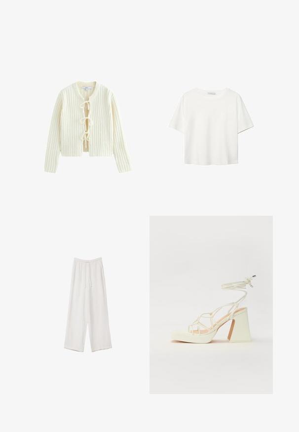 Valkoinen ribbikuvioinen neulekartigan, jossa on pitkät hihat, pyöreä kaula-aukko ja kolme etusolkea. Pehmeä rakenne ja lyhyt malli.; Valkoinen lyhythihainen T-paita, joka on tehty puuvillasta. Siinä on pyöreä kaula-aukko ja rento malli. Silkkinen pinta ilman näkyviä kuvioita tai koristeita.; Valkoiset leveälahkeiset housut kevyestä kankaasta. Ominaisuuksiin kuuluu elastinen vyötärö, jossa on nauhakuuluma ja sivutaskut. Sileä rakenne.; Valkoinen korkokenkä, jossa on paksu korko, ja joka sisältää nauhakiinnityksen ja nilkkaketjun. Sujuva pinta, jossa on platform-etupohja lisäkorkeutta varten.