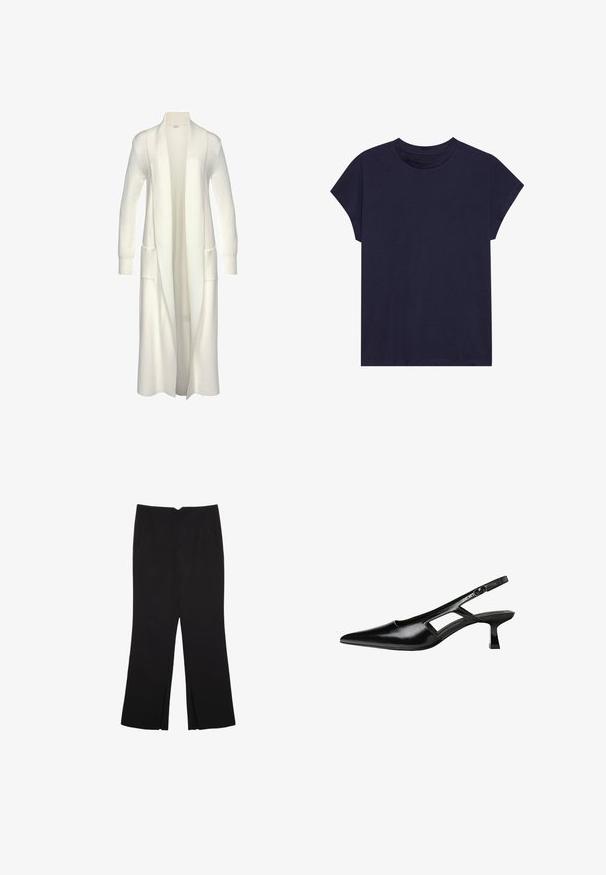 Langer, offener Cardigan aus weichem, strukturiertem, weißem Strickstoff mit gerippten Bündchen und zwei vorderen Taschen.; Dunkelblaue Baumwoll-T-Shirt mit rundem Ausschnitt und kurzen Ärmeln, das einen lockeren Schnitt und eine glatte Textur bietet. Keine Muster oder Akzente.; Schwarze Hose mit geradem Schnitt, ausgestattet mit Fronttaschen und Seitenschlitzen am Saum. Hergestellt aus weichem, glattem Stoff. Geeignet für verschiedene Anlässe.; Schwarze Lackleder-Slingback-High Heels mit spitzer Zehenform, ausgeschnittenem Seitendesign und kleinem Blockabsatz. Glatte Textur mit minimalen Akzenten.