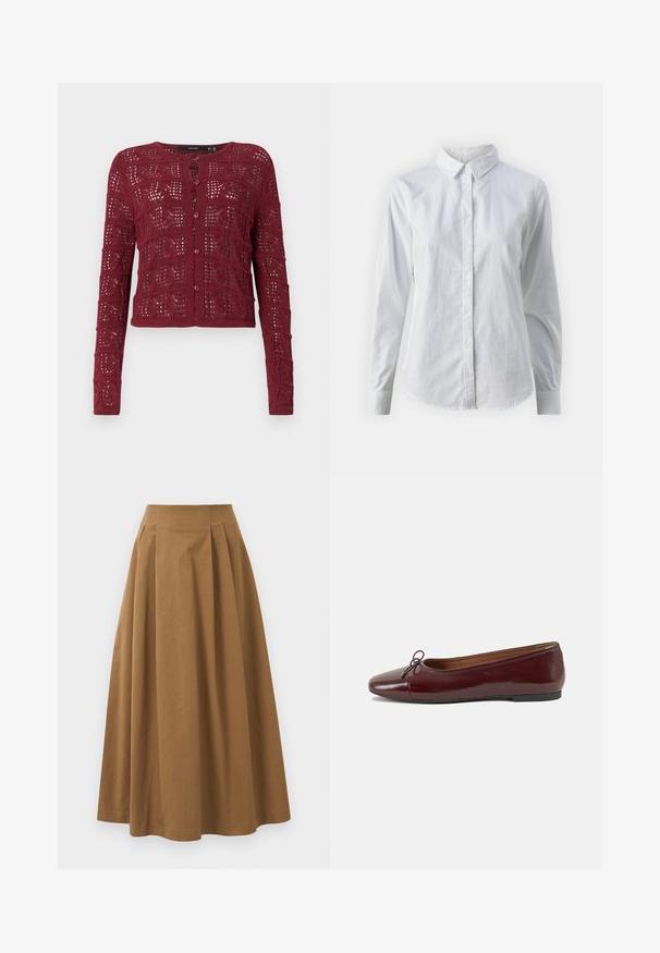 Burgunderrød strikket cardigan med et teksturert åpent stichmønster, med rund hals og knapplukking foran.; Hvit skjorte med knapper laget av glatt bomull, med klassisk krage, lange ermer og buet skjær. Knapper er små og hvite.; Brun bomull A-linje skjørt med høy midje, med folder foran og en jevn tekstur. Kantene er rene og enkle.; Burgunderrød lakk lær ballettleilighet med rund tå, liten sløyfe foran og en lav, svart gummisåle. Glatt tekstur.