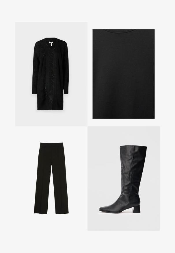 Mustapohjainen neulecardigan, jossa on kaapelikudontakuviot, avonainen etuosa ja pitkät hihat. Reunoissa on ribattua trimmiä.; Musta puuvillakangas, jossa on sileä pinta ja pyöreä pääntie, ominaisuutena hienovarainen ja tasainen rakennekuvio. Ei näkyviä logoja tai korostuksia.; Mustat leveälahkeiset housut, jotka on valmistettu sileästä kankaasta. Niissä on istuva vyötärö ja hienovaraiset etupleatit, jotka lisäävät tekstuuria.; Musta nahkainen keskipitkä saapas, jossa on terävä kärki ja pömpöti korko vaalealla taustalla.