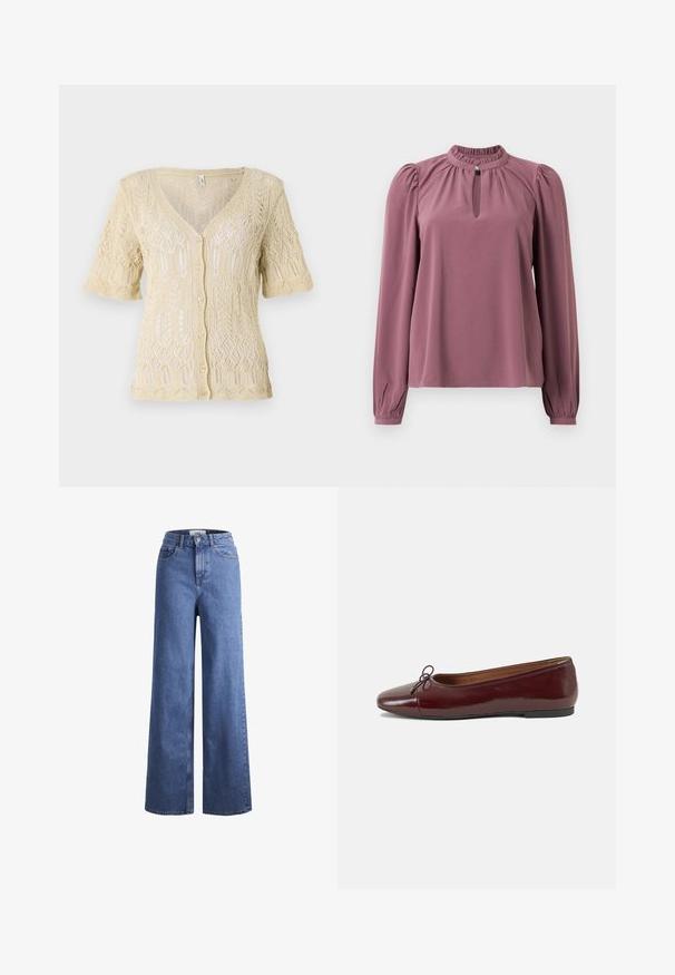 Cardigan tricoté en beige doux avec un col en V, des manches courtes et une fermeture à boutons. Présente des motifs en dentelle complexes et un tissu texturé.; Blouse mauve à manches longues avec col froncé, encolure à clef avec fermeture à bouton et épaules légèrement bouffantes.; Jean large en denim bleu clair avec taille haute, deux poches avant et coutures visibles. Fermeture à bouton et à zip.; Ballerines en cuir verni bordeaux avec un bout rond, un petit nœud décoratif à l'avant et une semelle en caoutchouc noire basse. Texture lisse.