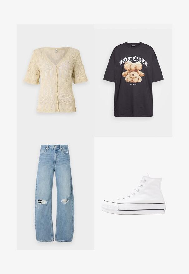 Strikket cardigan i blød beige med V-hals, korte ærmer og knaplukning. Har indviklede blonder og tekstureret stof.; Sort oversized t-shirt med et grafisk motiv af en bjørn samt teksten "IKKE SØD MEN VILD" i fede, hvide bogstaver. 100% bomulds materiale.; Lysblå, højtraljede jeans lavet af denim. Har brede ben, to huller ved knæene og klassisk fem-lommes stil.; Hvide høje kanvas sneakers med sort gummisål, gummitåhætte foran og seks øjehuller til snørebånd, der har et rent, minimalistisk design.