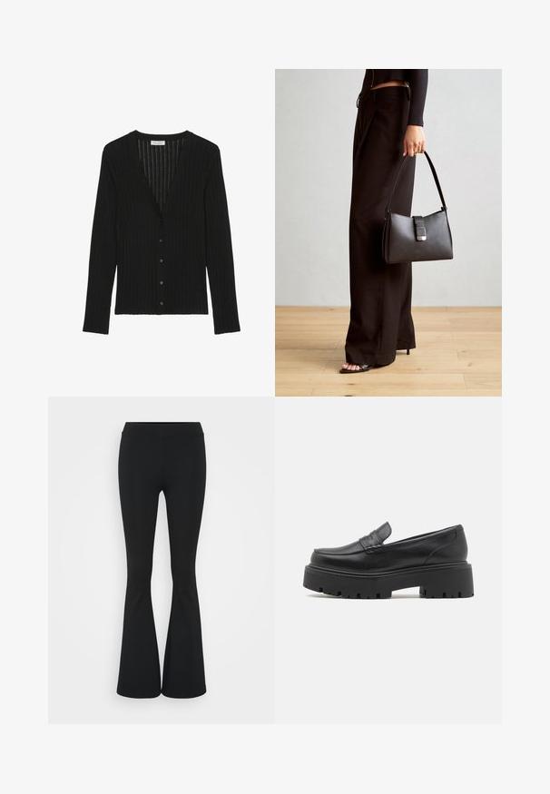 Black ribbed long-sleeve cardigan with V-neck and front button closure, made by Marc O'Polo.; Black long-sleeve shirt made of ribbed fabric. Features a round neckline and fitted silhouette. Simple design without patterns or accents.; Black flared pants made of stretchy fabric, featuring a high waistband and a smooth texture. The pants flare out from the knee.; Black leather loafers with a low, chunky rubber sole, stitched detailing on the upper, and a smooth texture.; Black handbag with structured shape, smooth texture, and a metallic clasp. Paired with wide black pants and open-toe sandals on wooden floor.