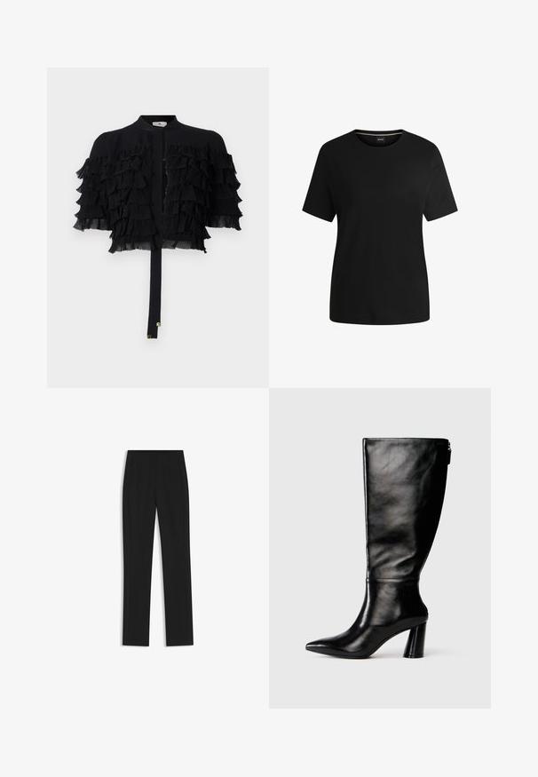 Czarna krótka kurtka z falbaniastymi rękawami z szyfonu, z okrągłym dekoltem i zapięciem na węzeł z przodu, ozdobionym złotymi elementami.; Czarna koszulka z krótkim rękawem, wykonana z miękkiej bawełny, posiadająca okrągły dekolt i gładką fakturę. Prosty design bez wzorów czy akcentów.; Czarne spodnie o dopasowanym kroju z prostymi nogawkami, z przednimi kieszeniami i gładką, teksturowaną tkaniną. Schludne, minimalistyczne wykończenie.; Czarny skórzany but do kolan z ostro zakończonym noskiem, gładką fakturą i grubym obcasem. Posiada zamek z tyłu.