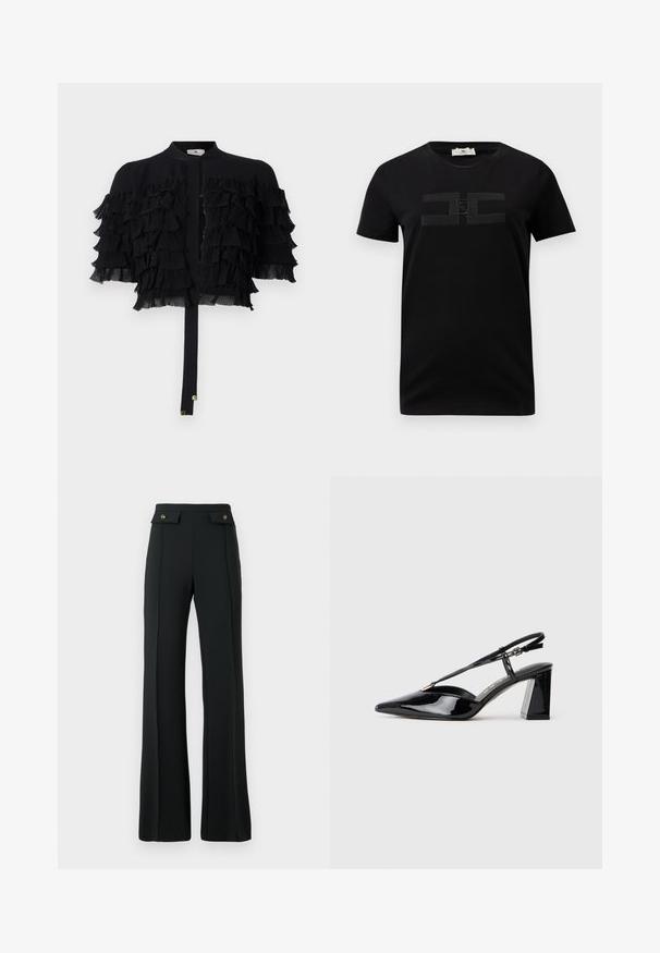 Schwarze kurz geschnittene Jacke mit Rüschenschiffonärmeln, runder Ausschnitt und einer vorderen Bindeschließe mit goldenen Hardware-Akzenten.; Schwarz Baumwoll T-Shirt mit kurzen Ärmeln und Rundhalsausschnitt, mit einem tonal gestalteten Logo auf der Brust. Glatte Textur und klassischer Schnitt.; Schwarze, hoch sitzende, ausgestellte Hose mit vorderen Nahtdetails und zwei Klappentaschen mit goldenen Knöpfen an der Taille.; Schwarze lackleder Slingback-High-Heels mit spitz zulaufender Zehenpartie, verstellbarem Riemen und klobigem rechteckigem Absatz.