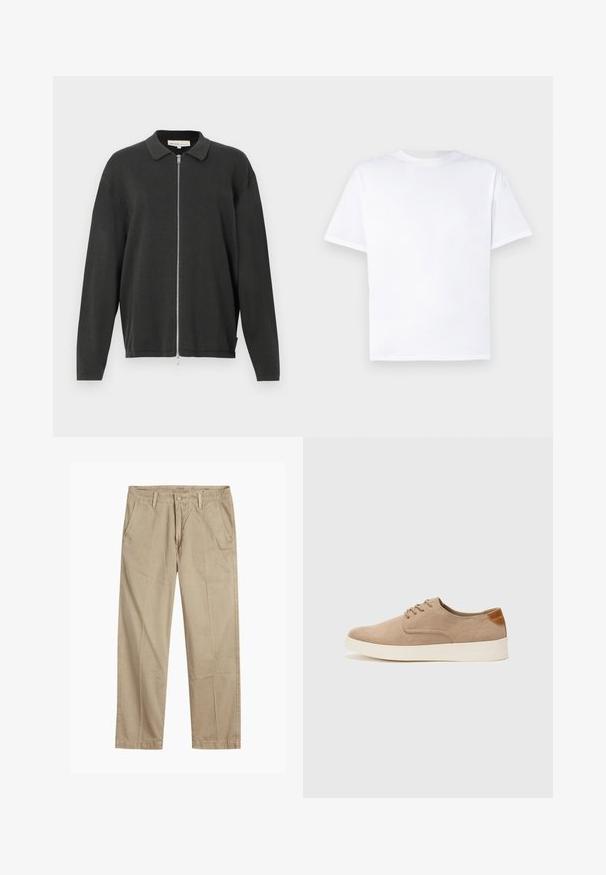 Cardigã de malha de manga longa preta com colarinho e fecho de correr prateado até ao final, ajustado de forma ligeiramente solta, apresentado sobre um fundo branco.; Camiseta branca de algodão com decote redondo e mangas curtas. Textura suave, corte reto, sem padrões ou detalhes. Visão apenas da parte de trás.; Chinos bege de perna reta com passantes para cinto, fecho frontal com botão e fecho de correr, e bolsos frontais inclinados.; Sapatilhas de camurça bege com bico arredondado, fecho de atacadores na parte da frente e um detalhe texturizado na parte de trás. A sola de borracha branca proporciona contraste. Design simples e moderno.