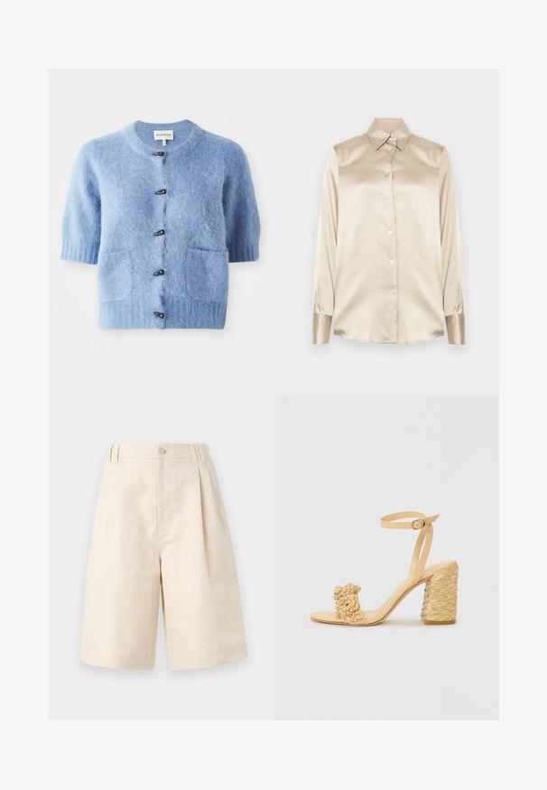 Modra kratka jopica s kratkimi rokavi, izdelana iz mehkega in puhastnega materiala. Ima okrogel izrez, dve sprednji žep in črne gumbe.; Bež satenasta srajca z ostrim ovratnikom, dolgimi rokavi, z zapiranjem na gumbe in manšetami v nekoliko bolj sijočem finishtu. Brez vzorcev ali dodatkov.; Bež lana kratke hlače z ohlapnim krojem, z gumbom, nabranim dizajnom in dolžino do kolen. Gladka tekstura in preprost stil.; Beige sandala na visokom potplatu s pletenom teksturom, s dekorativnim cvijetom i remenom oko gležnja. Kvadratna peta osigurava stabilnost.