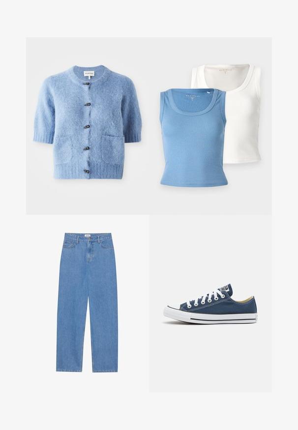 Niebieski kardigan na krótki rękaw wykonany z miękkiego, puszystego materiału. Ma okrągły dekolt, dwie przednie kieszenie oraz czarne guziki jako akcenty.; Dwa prążkowane topy na ramiączkach: jeden jasnoniebieski, a drugi biały. Każdy z nich ma okrągły dekolt i dopasowany krój, podkreślający teksturę tkaniny.; Jasnoniebieskie dżinsy w prostym kroju, z pięcioma kieszeniami, jednobutonowym zapięciem i subtelnymi detalami haftu na szwach.; Niebieskie trampki z płótna z białymi oczkami i sznurówkami, charakteryzujące się białą gumową osłoną palców oraz czarnym paskiem wzdłuż podeszwy.