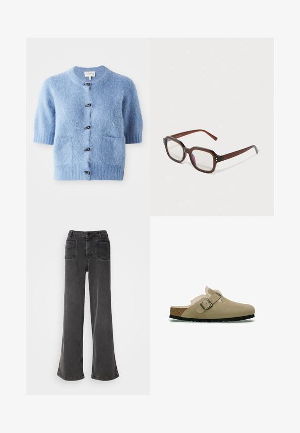 Blaues Kurzarm-Cardigan aus weichem, flauschigem Material. Mit rundem Ausschnitt, zwei vorderen Taschen und schwarzen Knopf-Details.; Schwarzes ärmelloses Rollkragenoberteil, aus glattem Stoff hergestellt. Eng anliegendes Design mit hohem Kragen und geradem Saum, minimalistisch und in einfarbiger Ausführung.; Hoch geschnittene, weit geschnittene schwarze Jeans aus Denim, ausgestattet mit einem Knopfverschluss, Gürtelschlaufen und zwei hinteren Taschen mit gestickten Akzenten.; Beige Clogs mit einem glatten Wildleder-Obermaterial, einer weichen Fellfutterung und einem seitlichen Schnallenverschluss. Korkfußbett, schwarze Gummisohle und runde Zehenform.; Braune durchsichtige rechteckige Brille mit klaren Gläsern, leichter lila Reflexion und kleinen goldenen dekorativen Punkten an den vorderen Ecken.