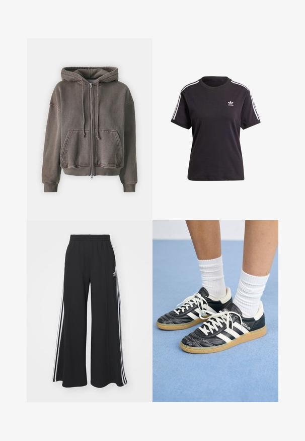 Samsøe Samsøe SAVA brązowy; Czarny bawełniany t-shirt z krótkim rękawem i okrągłym dekoltem, z białymi paskami na ramionach oraz małym białym logo Adidasa na piersi.; Czarne szerokie spodnie dresowe z elastycznym pasem, z białymi paskami po bokach i haftowanym logo na lewej udzie.; Czarne skórzane sneakersy z białymi paskami, okrągły czubek, białe sznurowadła i gumowa podeszwa. Podkreślone wyściełanym kołnierzem i detalami z logo.