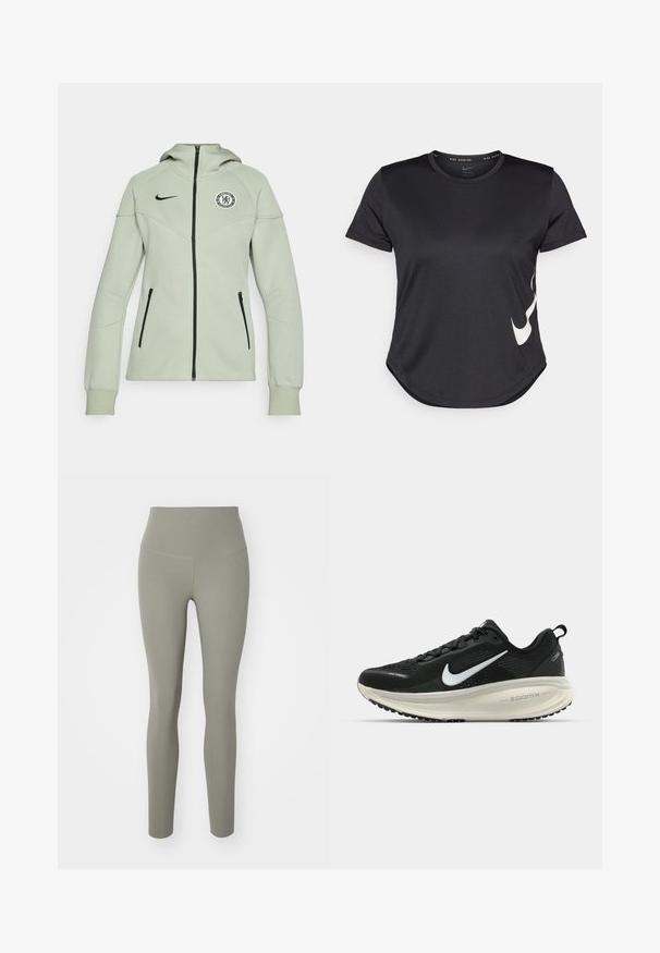 Šviesiai žalia Nike džemperis su priekiniu užtrauktuku, šoniniais kišenėmis ir Chelsea FC logotipu ant krūtinės. Mažesnės struktūros audinys ir prigludusi konstrukcija.; Juodas sportinis marškinėliai su trumpomis rankovėmis, ant apatinės dalies turintys baltą Nike swoosh logotipą ir apvalų galą.; Nike Performance ZENVY HR 7/8 - Tamprės - light army; Juodas Nike sportinis batelis su kvėpuojančiu tinklu, baltu swoosh logotipu, tekstūruoto dizaino detalėmis ir grietinėlės spalvos ZoomX viduriu.