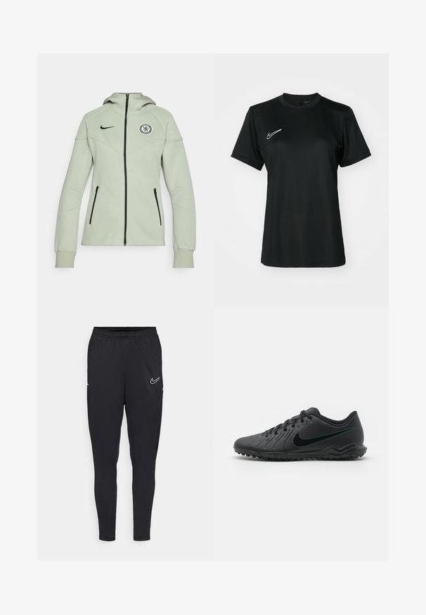 Svetlozelená mikina Nike s predným zipsom, bočnými vreckami a logom Chelsea FC na hrudi. Obsahuje štruktúrovanú tkaninu a priliehavý strih.; Čierne športové tričko s krátkym rukávom a okrúhlym výstrihom. Obsahuje biele logo Nike na hornej ľavej strane. Hladký, ľahký materiál.; Čierne športové nohavice vyrobené z ľahkej tkaniny, s elastickým pásom, priliehavým strihom a bielym logom Nike na stehne.; Čierne futbalové kopačky s textúrovaným syntetickým zvrškom, zakriveným dizajnom, čiernou podrážkou a tyrkysovým logom Nike na boku. Zatváranie na šnúrky.