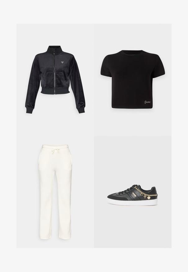 Guess COUTURE FULL ZIP - Užtrauktuku užsegamas treningas - jet black; Juodas, trumpomis rankovėmis medvilnės marškinėliai. Turi apvalų iškirpimą ir mažą sidabrinį "Guess" logotipą apatiniame kairiajame kampe.; Baltos sportinės kelnės su elastinga juosta, raiščiu ir šoninėmis kišenėmis, pateiktos prieš vientisą foną.; Juodos sportinės bateliai, pagaminti iš odos ir tekstilės, su balta padu, auksinėmis grandinėlių detalėmis ir logotipo akcentu šone.