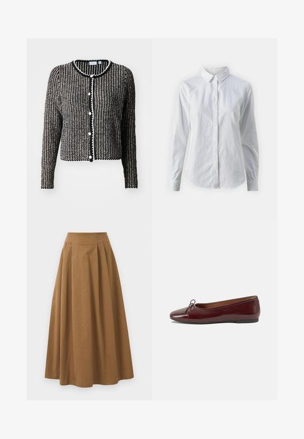 Strikkegenser med et svart-hvitt mønster, rund hals, knappelukking og dekorativ kant langs kantene.; Hvit skjorte med knapper laget av glatt bomull, med klassisk krage, lange ermer og buet skjær. Knapper er små og hvite.; Brun bomull A-linje skjørt med høy midje, med folder foran og en jevn tekstur. Kantene er rene og enkle.; Burgunderrød lakk lær ballettleilighet med rund tå, liten sløyfe foran og en lav, svart gummisåle. Glatt tekstur.