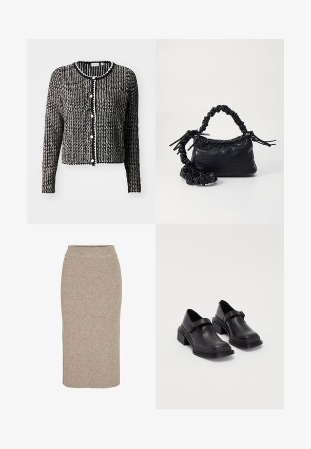 Strickjacke mit einem schwarz-weißen Muster, runder Halslinie, Knopfverschluss und dekorativem Besatz entlang der Kanten.; Crop-Top aus cremefarbenem Strickmaterial. Lange Ärmel mit gerippter Textur und kleinen Aussparungen am Kragen.; Strick-Bleistiftrock in hellbeige, mit gerippter Textur, hohem Bund und schmaler Passform. Der Saum reicht bis unter das Knie.; Schwarze Lederhalbschuhe mit runder Zehenpartie, flacher Sohle und einem Riemen mit Schnallen-Detail. Robuster Blockabsatz für zusätzliche Stabilität.; Schwarze Handtasche aus Kunstleder mit Krokodilstruktur, gerafftem oberen Teil und einem geschoppten Tragegurt. Sie wirkt weich und kompakt im Design.
