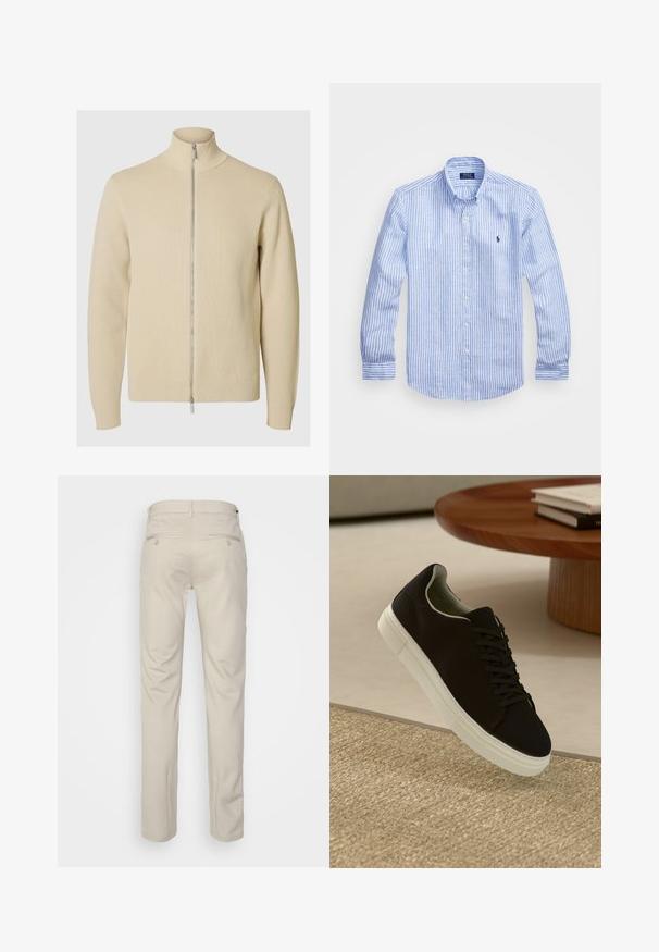 Beige Zip-Up-Strickjacke mit hohem Kragen, geripptem Textur und schmalen Bündchen. Der Stoff ist mit einem dezenten Muster gestrickt und verfügt über einen silbernen Reißverschluss.; Blau-weißer gestreifter Langarmshirt aus Baumwolle mit einem Button-Down-Kragen, Frontknöpfen und einem kleinen gestickten Logo auf der Brust.; Beige Hosen mit glatter Textur, geradem Schnitt, zwei Gesäßtaschen mit Knöpfen und einem normalen Bund.; Schwarze Sneakers mit weißer Sohle, die über einem beige strukturierten Teppich schweben, in der Nähe eines runden Holztisches mit gestapelten Büchern.