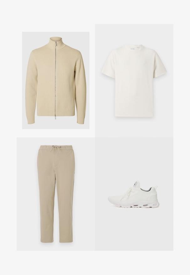 Bežna zip-up jopica z visokim ovratnikom, rebrasto teksturo in oprijetimi manšetami. Tkanina je pletena z diskretnim vzorcem, z srebrnim zadrgo.; Bela majica s kratkimi rokavi iz rebraste tkanine. Okrogli izrez, sproščen kroj, brez vidnih vzorcev ali naglasov. Preprosta in vsestranska zasnova.; Bež harem hlače z elastičnim pasom in vrvico, z ravnim krojem in mehkimi, gladkimi materiali.; Bela atletska obuća z značilnom pletenom gornjom stranom, ravnim vezicama i podlogom s jastučićem koja ima vidljive zračne komore za dodatnu potporu.