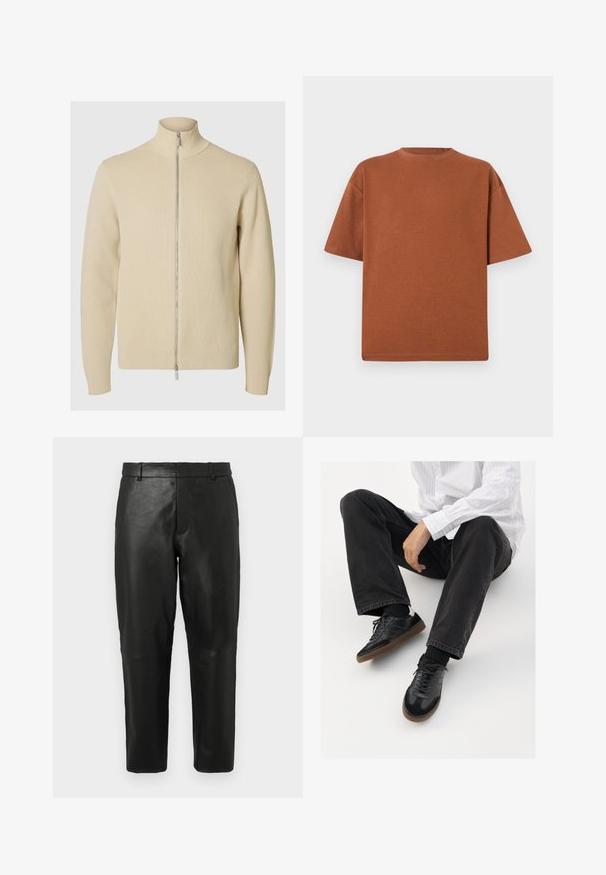 Beige zip-up sweater with a high collar, ribbed texture, and fitted cuffs. The fabric is knit with a subtle pattern, featuring a silver zipper.; Brown cotton t-shirt with a round neck, short sleeves, and a relaxed fit. The fabric has a soft texture and minimal seams.; Black leather straight-leg trousers with belt loops and side pockets, displayed against a plain light background.; Black sneakers with a smooth and textured upper, featuring a rubber sole and dark laces. Paired with black jeans and a white striped shirt.