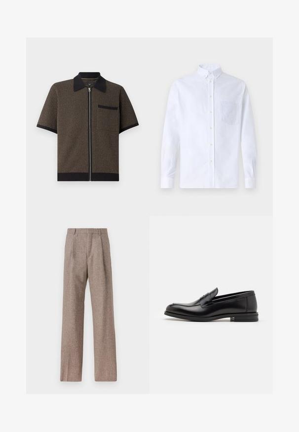 Īsā piedurkne, ar rāvējslēdzēju, krekls brūnā svītrains audumā ar melnu apkakli un kabatu, iekļaujot strukturētu materiālu un ribota apakšmalas detaļas.; Balts garo piedurknēm krekliņš ar pogām, izgatavots no kokvilnas, ar krūšu kabatu ar tonālu izšuvumu, apkakli un pogām pie piedurknēm.; Brūni, augstos šortos izgatavoti no teksturēta auduma. Iezīmē plašas kājas un divas priekšējās krokas, kas nodrošina struktūru. Kārtīga apdare bez redzamām detaļām.; Melnas ādas kurpes ar gludu tekstūru, noapaļu purngalu un dekoratīvu siksniņu pāri priekšpusei. Zems sakrauts papēdis, minimālisma dizains.