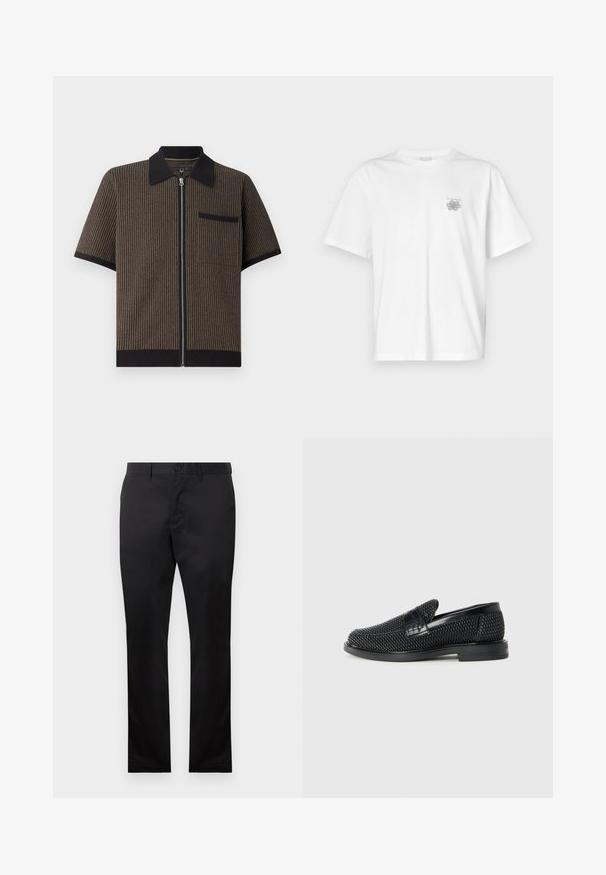 Trumpas rankovės, su užtrauktuku marškiniai rudiem dryžiu su juodu apykakle ir kišene, pasižymintys tekstūruotu audiniu ir rubu apdailos detalėmis.; Balta medvilninė marškinėlių, su trumpomis rankovėmis, apykaklė nei per aukšta, nei per žema, ir mažas pilkas logotipas kairėje krūtinės pusėje. Lygi tekstūra.; Juodos medvilninės kelnės su tiesiais kojomis, su sagčių uždarymu priekyje ir šoninėmis kišenėmis, lygia tekstūra, be matomų raštų.; Juodas pintas slip-on tipo batelis su lygiu odiniu akcentu viršuje, apvalios nosies dizainas ir žemas guminis padas.