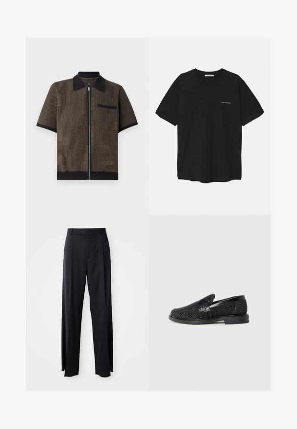 Camicia a maniche corte con zip in tessuto a righe marrone, con colletto e tasca neri, caratterizzata da un materiale testurizzato e dettagli a costine all'orlo.; T-shirt in cotone nero con collo rotondo, maniche corte e stampa bianca del logo sul lato sinistro del petto. Design semplice e monocromatico.; Pantaloni neri a vita alta con gamba larga, realizzati in tessuto liscio. Presentano pieghe frontali e passanti per cintura. Design minimalista, senza hardware visibile.; Scarpa nera a mocassino intrecciata con un accentuato in pelle liscia sulla parte superiore, design a punta rotonda e suola in gomma a profilo basso.