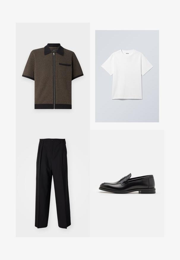 Chemise à manches courtes zippée en tissu rayé marron avec un col et une poche noirs, présentant un matériau texturé et des détails de ourlet côtelés.; T-shirt en coton blanc avec col rond, manches courtes et coupe décontractée. Présente une étiquette de marque portant le nom "WEEKDAY" sur le col.; Pantalons plissés noirs avec un design droit et large. Fabriqués en tissu lisse, avec une fermeture à bouton et des passants de ceinture.; Mocassins en cuir noir avec une texture lisse, bout rond et une sangle décorative sur le dessus. Talon bas empilé, design minimaliste.