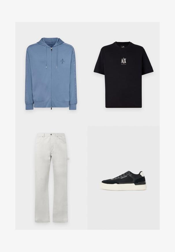 Jasnoniebieska bluza z kapturem na zamek, wykonana z miękkiego materiału, z logo z przodu oraz tekstem wzdłuż rękawów. Posiada sznurek w kapturze i ściągacze na mankietach.; Czarny t-shirt z krótkim rękawem wykonany z bawełny. Posiada małe białe logo "A|X" na piersi. Prosty, prostokątny kształt z klasycznym okrągłym dekoltem.; Jasnoszare spodnie o prostym kroju, wykonane z gładkiego materiału bawełnianego, z przednimi kieszeniami oraz boczną kieszenią na ładunek.; Czarne sneakersy wykonane z siatki i skóry, z grubą białą podeszwą i kontrastowymi akcentami. Sznurówki i detal z logo po boku.