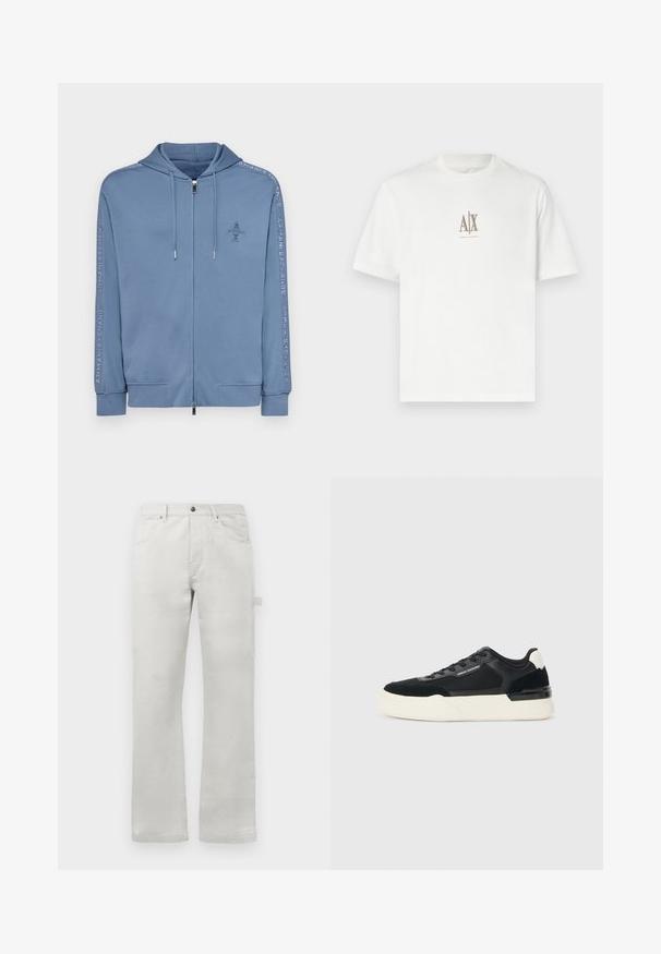 Haut de survêtement zippé bleu clair en tissu doux, avec un logo à l'avant et un texte le long des manches. Il possède une capuche avec cordon de serrage et des poignets côtelés.; T-shirt en coton blanc avec un col rond. Présente un petit logo beige "A|X" et "ARMANI EXCHANGE" imprimé en dessous. Manches courtes, coupe régulière.; Pantalon gris clair à coupe droite, fabriqué en tissu en coton lisse, avec des poches avant et une poche cargo sur le côté.; Baskets noires en mesh et en cuir, avec une épaisse semelle blanche et des accents contrastés. Lacets et logo sur le côté.