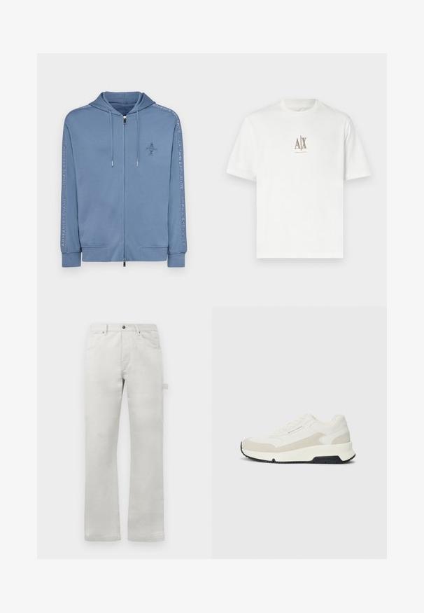 Felpa con zip azzurro chiaro realizzata in tessuto morbido, con un logo frontale e testo lungo le maniche. Ha un cappuccio con cordino e polsini elasticizzati.; T-shirt bianco in cotone con scollo a girocollo. Presenta un piccolo logo beige "A|X" e "ARMANI EXCHANGE" stampato sotto. Maniche corte, vestibilità regolare.; Pantaloni grigi chiari con vestibilità dritta, realizzati in cotone liscio, dotati di tasche frontali e una tasca cargo laterale.; Sneaker bassa bianca e beige con lacci, suola nera e marchio "Armani Exchange" sul lato e sulla suola.