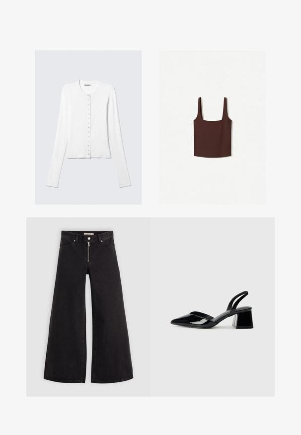 Cardigan blanc à manches longues en tissu lisse, avec un col rond et une rangée de boutons sur le devant.; Débardeur marron à encolure carrée avec de larges bretelles, fabriqué dans un matériau doux. Design simple, sans motifs ni embellissements.; Jean large en denim noir avec une fermeture éclair à l'avant, un design à cinq poches et des détails de couture subtils. Texture lisse et style décontracté.; Escarpins en cuir verni noir avec bout pointu et talon bloc géométrique. Présente un design élégant et minimaliste ainsi qu'une texture lisse.