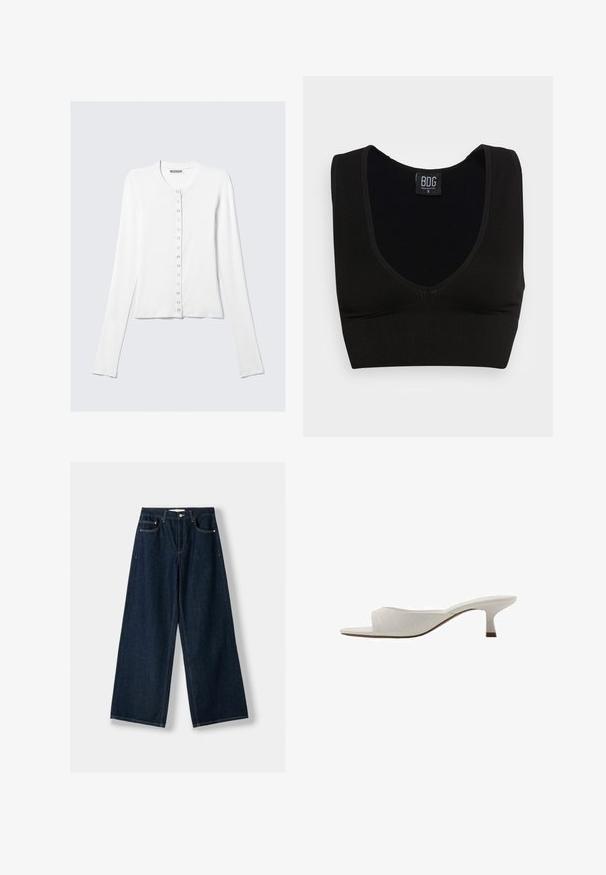 Dugi rukav bijeli kardigan od glatkog materijala, s okruglim izrezom i redom dugmadi s prednje strane.; Crna rebrasta kratka majica s širokim naramenicama i dubokim V-izrezom. Oznaka nosi natpis "BDG," veličina mala, s glatkom teksturom i prilagođenim dizajnom.; Tamno plave, široke traperice napravljene od denima. Imaju pet džepova, kopčanje na dugme i patent zatvarač, te detalje s kontrastnim šavovima.; Bijele otvorene mule s zakrivljenim dizajnom, niskom petom, glatkom teksturom i suptilnim šavnim uzorkom. Smeđi naglasak na bazi pete.