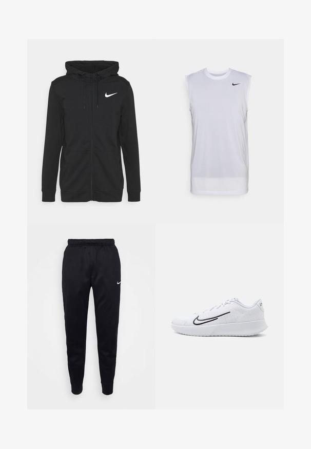 Svart zip-up hettegenser laget av myk stoff, med en frontlomme, justerbar snorhette, og en hvit Nike-logo på brystet.; Hvit ermeløs treningsskjorte laget av lett materiale. Har rund hals og en liten svart Nike-logo på øvre venstre side.; Svart Nike joggebukser med elastisk midjebånd, smale ben og diskret logo. Laget av glatt stoff med et enkelt design.; Hvite sportsko med mesh-overdel og teksturdetaljer, med en svart swoosh-logo på siden og en polstret hvit såle.