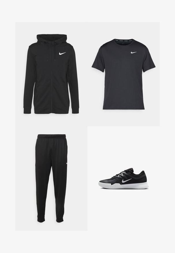 Felpa nera con zip realizzata in morbido tessuto, con tasca frontale, cappuccio regolabile con cordino e logo Nike bianco sul petto.; Maglietta da corsa Nike nera realizzata in materiale leggero e traspirante, con maniche corte e un piccolo logo bianco sul petto.; Pantaloni sportivi neri realizzati in tessuto liscio, con una vita elastica, gambe affusolate e un piccolo logo bianco sul lato sinistro.; Scarpa sportiva nera con tomaia testurizzata, logo Nike swoosh bianco e suola in gomma bianca. Presenta un design con lacci e una forma dinamica.