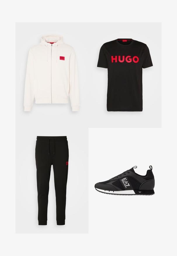 Hooded sweatshirt in off-white with a front zipper, featuring a red logo patch and side pockets, made of soft fabric.; Black cotton t-shirt featuring bold red "HUGO" text on the front, short sleeves, round neckline, and a relaxed fit.; Black sweatpants made of soft fabric, featuring a drawstring waist, slim fit, and a red logo patch on the left thigh.; EA7 Emporio Armani LACES UNISEX - Trainers - black/white