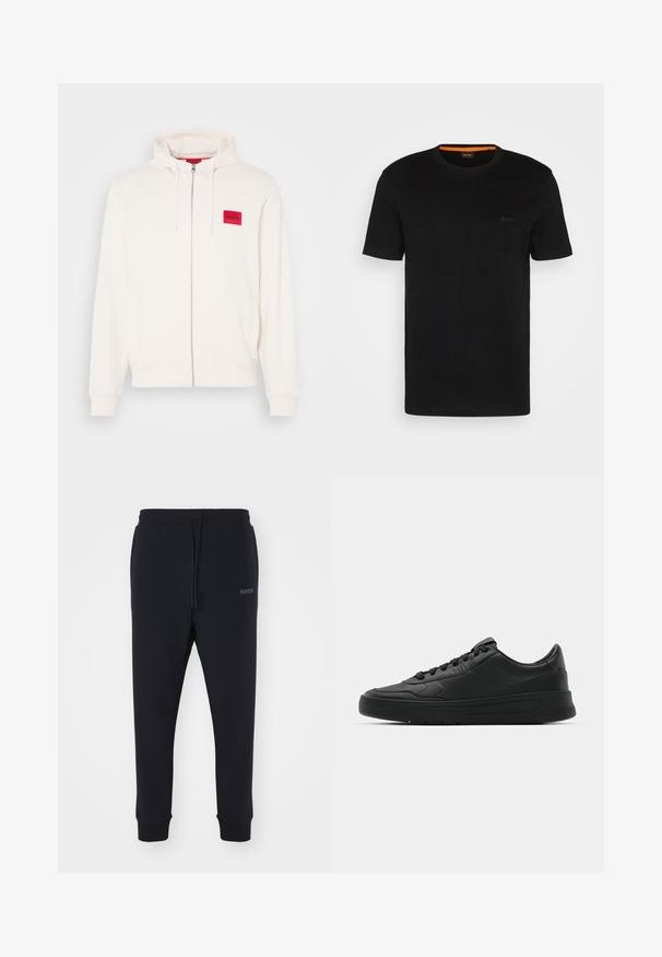 Felpa con cappuccio color avorio, dotata di zip frontale, con una patch del logo rosso e tasche laterali, realizzata in tessuto morbido.; T-shirt nera a maniche corte realizzata in un tessuto morbido, con scollatura rotonda e un logo discreto sul davanti. Il colletto interno presenta un accento arancione.; Pantaloni della tuta neri realizzati in materiale morbido, con vita elastica, coulisse e gambe affusolate. Presenta un piccolo logo sul lato.; Sneaker nera con tomaia in pelle liscia, punta rotonda, lacci piatti, collare imbottito e design minimalista. Suola in gomma con un delicato motivo a rilievo.