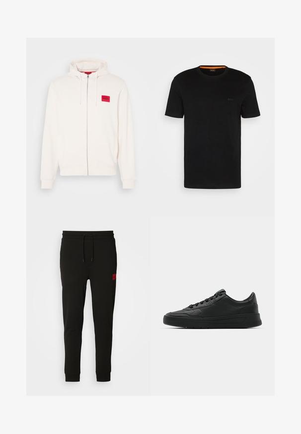 Hettegenser i off-white med front glidelås, med et rødt logo-merke og sidelommer, laget av mykt stoff.; Svart kortermet t-skjorte laget av myk stoff, med rund hals og en subtil logo foran. Inni kragen er det oransje detaljer.; Sorte joggebukser laget av myk stoff, med snor i midjen, slim fit, og en rød logo-pute på venstre lår.; Sorte sneakers med glatt skinnøvre, rund tå, flate lisser, polstret krage og minimalistisk design. Gummisåle med subtilt mønster.