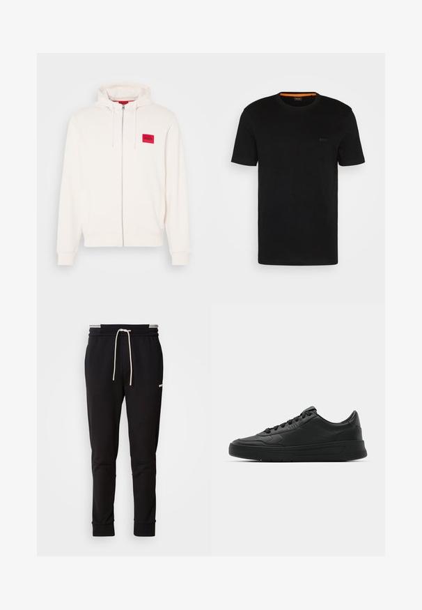Kapućasta majica u boji slonovače s prednjim zatvaračem, koja sadrži crvenu oznaku i bočne džepove, izrađena od mekanog materijala.; Crna kratka majica s kratkim rukavima izrađena od mekog materijala, sa okruglim izrezom i suptilnim logotipom sprijeda. Unutrašnja bočna stranica kragne ima narančasti naglasak.; Crne uske jogger hlače s bijelom vezicom, rebrastim manžetama i suptilnim logom na gornjem butu na jednobojnoj pozadini.; Crne tenisice s glatkom kožnom gornjištem, okruglim vrhom, ravnim vezicama, podstavljenim ovratnikom i minimalističkim dizajnom. Gumeni potplat s suptilnim uzorkom.