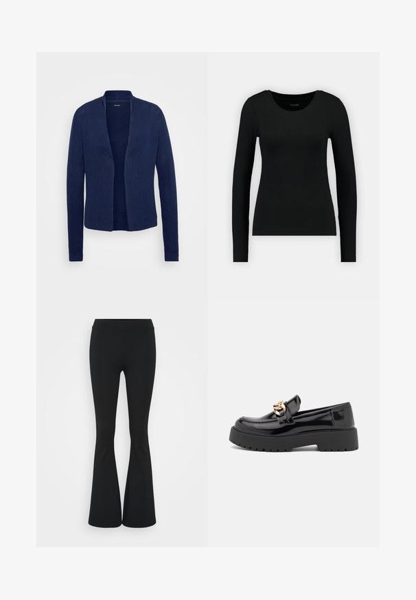 Tengerészkék kardigán bordázott textúrával, nyitott elülettel, hosszú ujjakkal és záródás nélkül. Könnyed, laza kötött anyag.; Fekete, hosszú ujjú, bordázott anyagból készült póló. Kerek nyakkivágással és testhezálló fazonnal rendelkezik. Egyszerű dizájn, minták vagy díszítések nélkül.; Fekete harangszárú nadrág, rugalmas anyagból készült, magas derékkal és sima felülettel. A nadrág a térdtől kezdve bővül.; Fekete lakkbőr loaferek tömör fekete talppal és arany hardware díszítéssel. Simább textúrájú és kerek orrú dizájn.