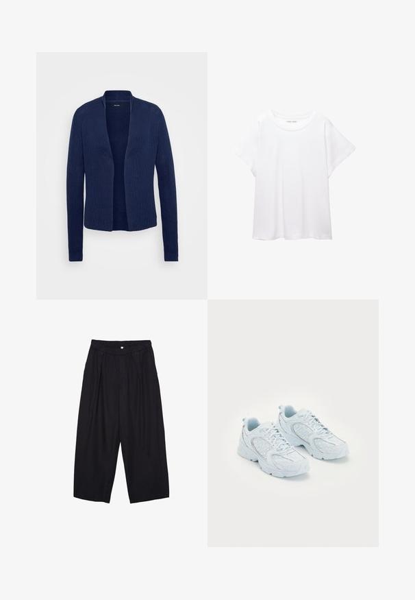 Mornarsko modri kardigan z rebrastim teksturiranjem, odprt spredaj, dolgimi rokavi in brez zaklepov. Ohlapen, lahkoten pleten material.; Bela majica s kratkimi rukavi, izdelana iz mehkega in lahkega blaga. Ima okroglo ovratnico ter kratke, široke rokave z udobnim krojem. Brez vidnih vzorcev.; Črne poliesterske culotte hlače z elastičnim pasom, dvema sprednjima nabiranjema in ohlapnim krojem. Brez vidnih vzorcev ali kovinskih detajlov.; Svijetloplave atletske cipele s mrežastim i sintetičkim gornjim dijelom, s bijelim točkicama i reflektirajućim detaljima, vezice, te jastučićima u unutrašnjosti.