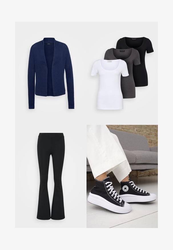 Navy blue cardigan with a ribbed texture, open front design, long sleeves, and no fastenings. Casual, lightweight knit material.; Three fitted T-shirts in white, gray, and black. Each features a wide scoop neckline and short sleeves. Made from smooth, stretchy fabric.; Black flared pants made of stretchy fabric, featuring a high waistband and a smooth texture. The pants flare out from the knee.; Black high-top sneakers with white rubber soles and laces. Features a round logo patch and contrasting white stitching. Canvas material.